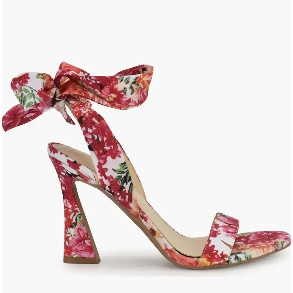 BRAND NEW NINE WEST BOBS ANKLE TIE WOMEN'S FLORAL ANKLE TIE HEELS SAND… R3